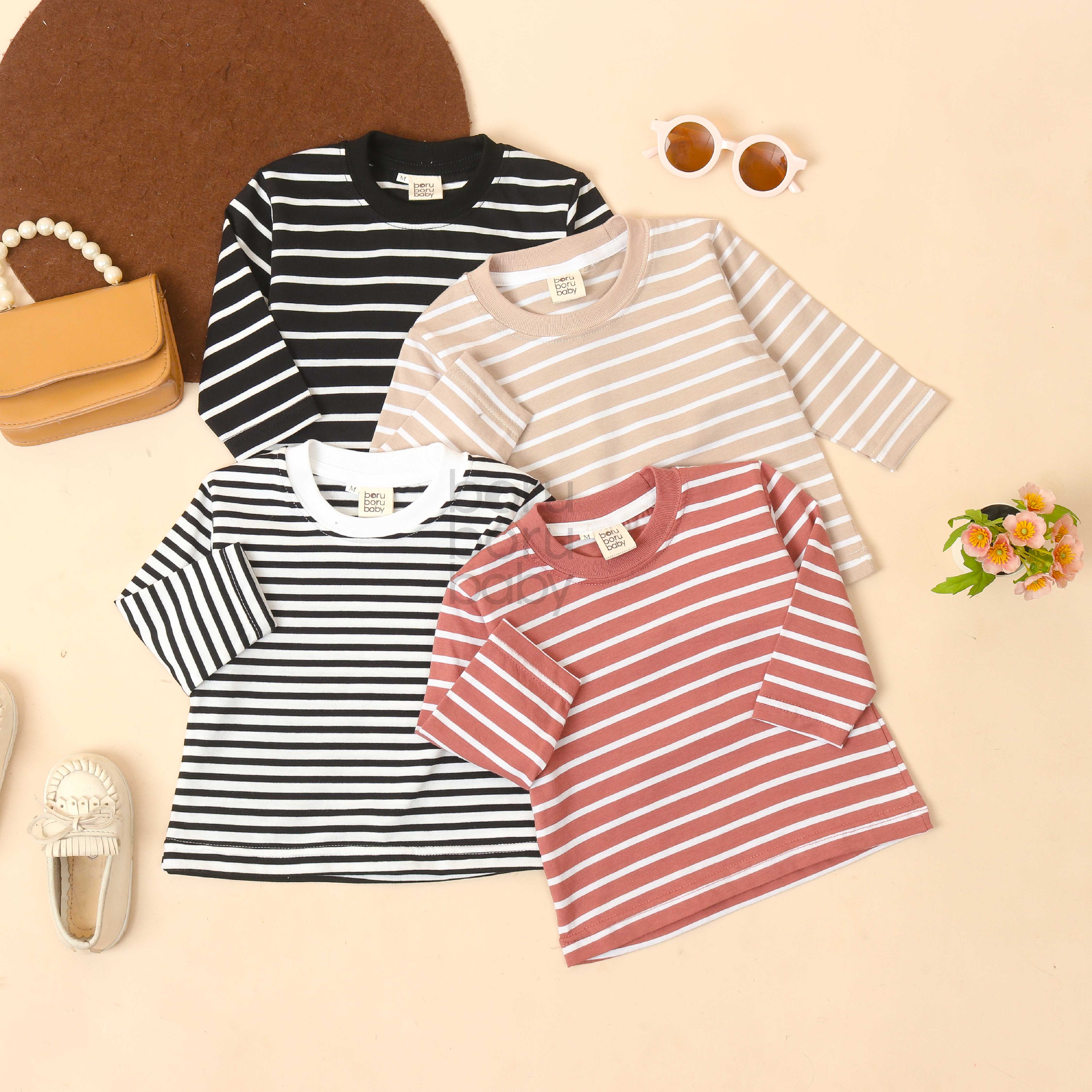 BUY 1 GET 1 NEW BORN Baby Stripe Shirt - Kaos Tangan Panjang Polos Stripe Bayi - Tshirt Long Sleeve Pattern Garis Mix Match