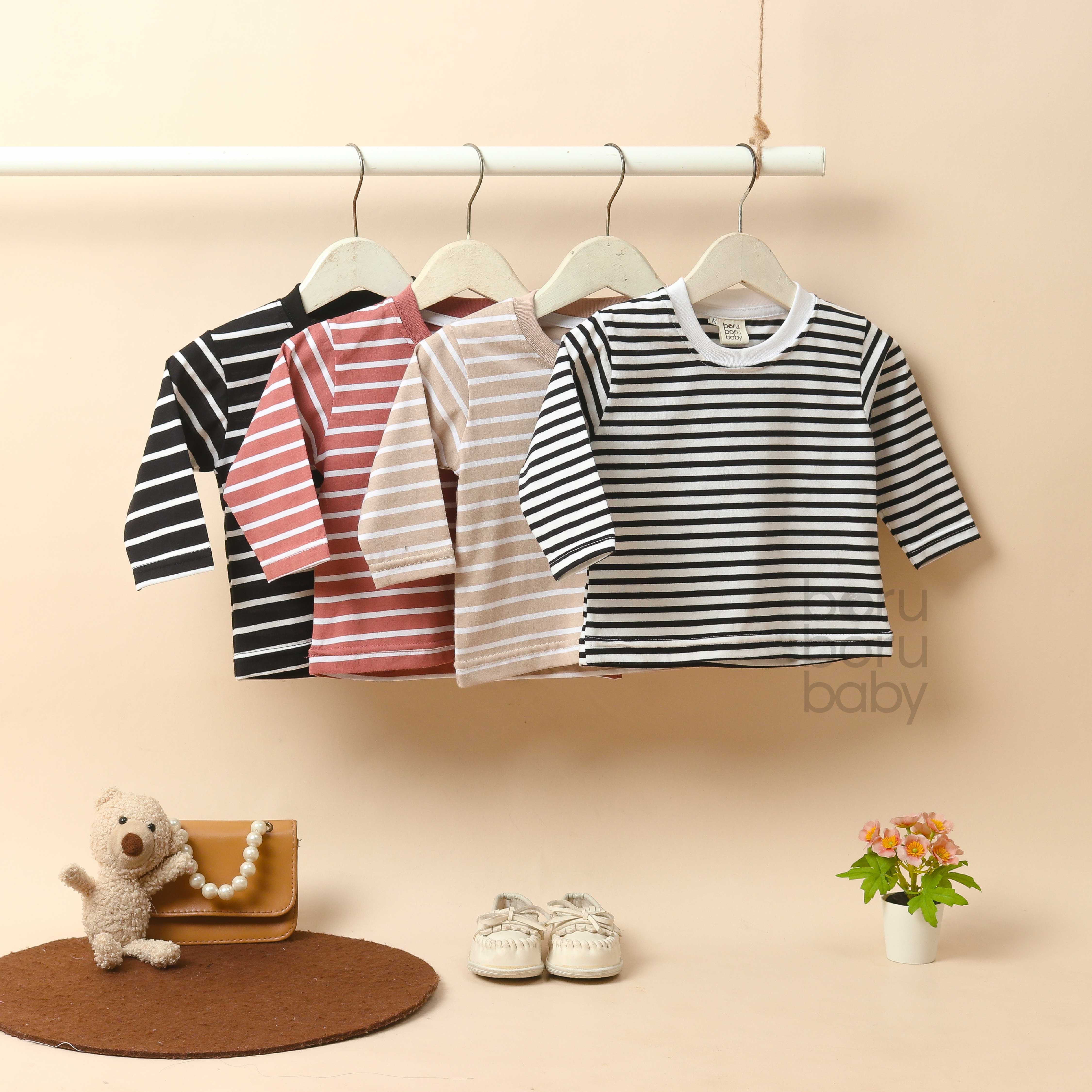 Paket Bundling - Bundling Long Stripe Tshirt & Denim Short Pants - Baju Bayi Celana Anak