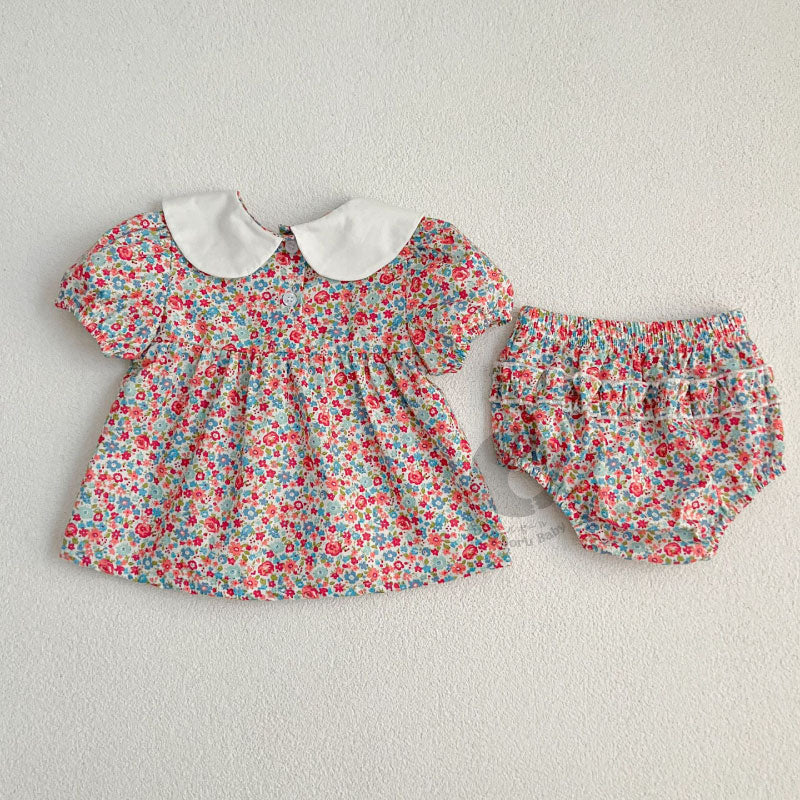 Sheluna Baby Girl Romper Set - Baju & Celana Bayi Japanese Style - Dress Anak Bunga Pink