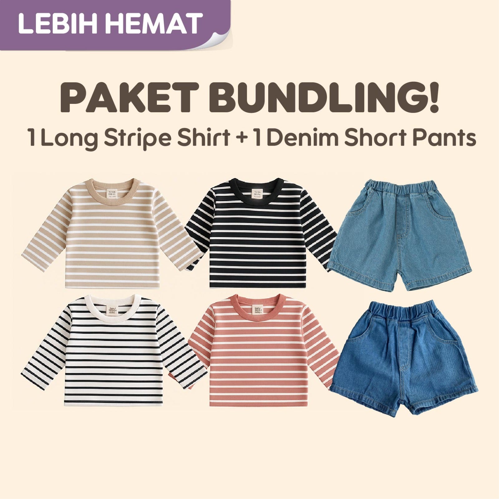 Paket Bundling - Bundling Long Stripe Tshirt & Denim Short Pants - Baju Bayi Celana Anak