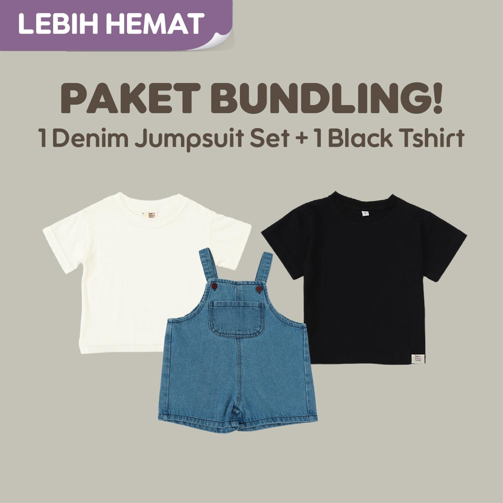 Paket Bundling - Bundling Denim Jumpsuit Set & Black Tshirt - Baju Bayi Celana Anak