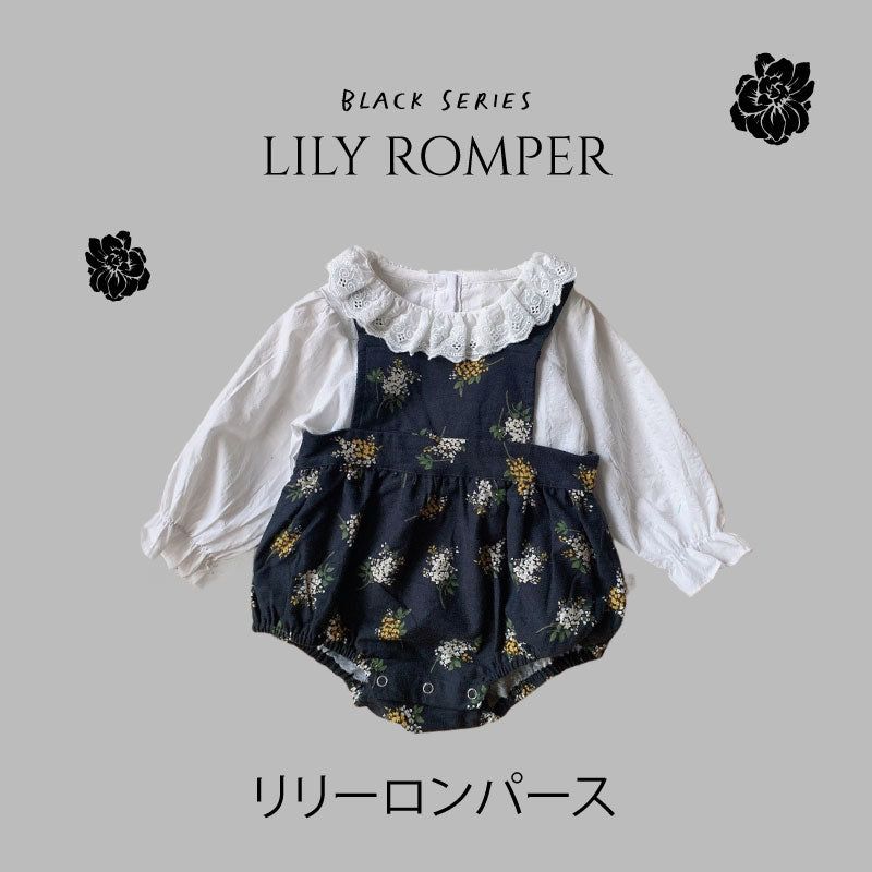 Black Lily Baby Girl Romper Set - Baju Bayi Hitam motif set dengan celana - Outfit baby lengkap