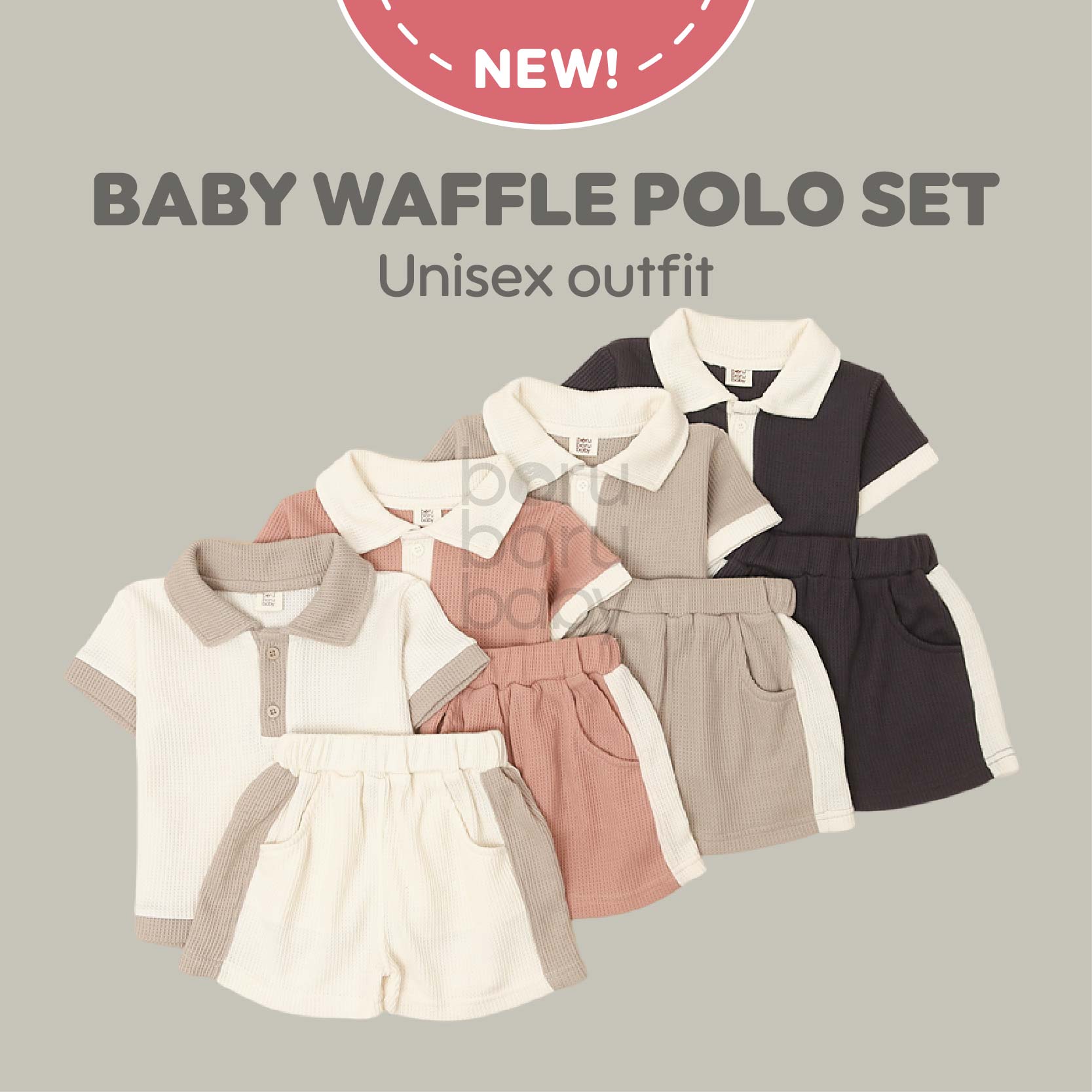 Polo Set Waffle Unisex - Baju Celana Bayi Waffle - Paket Kemeja celana anak