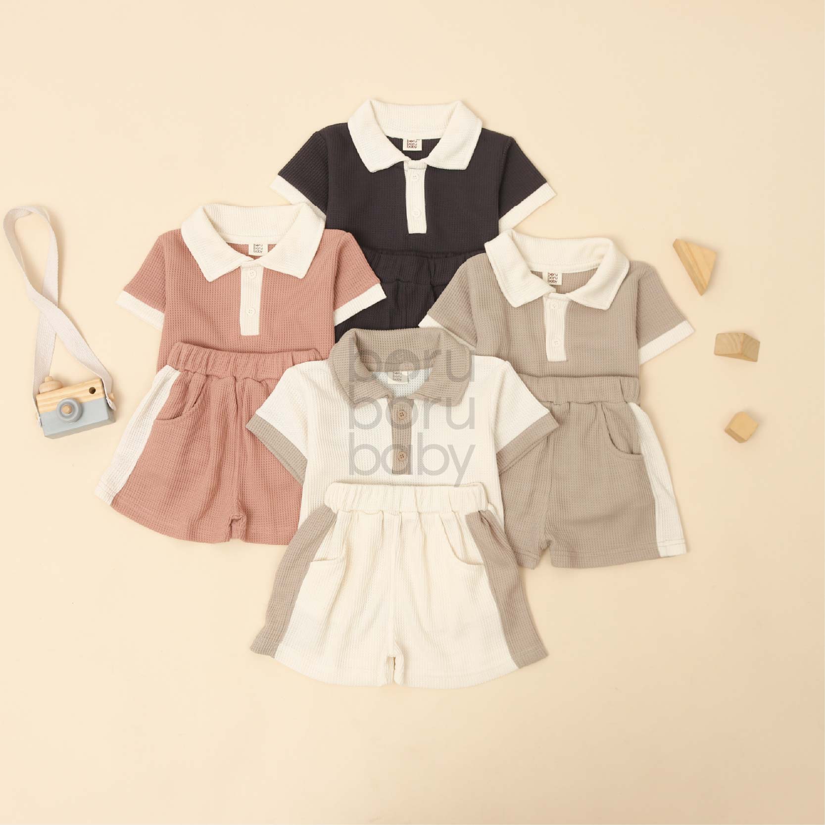 Polo Set Waffle Unisex - Baju Celana Bayi Waffle - Paket Kemeja celana anak