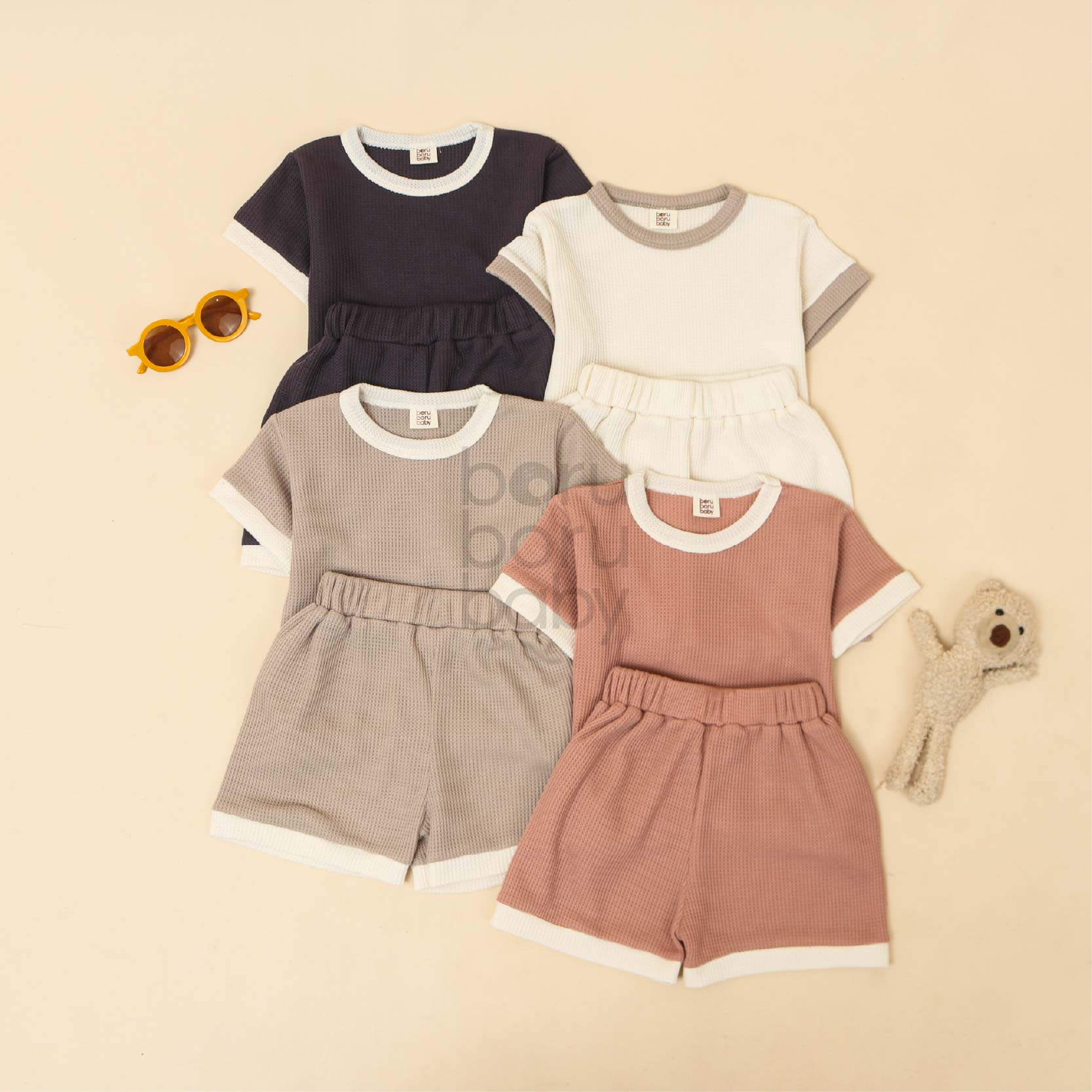 Shirt Set Waffle Unisex - Baju Celana Bayi Waffle - Paket Kaos celana anak