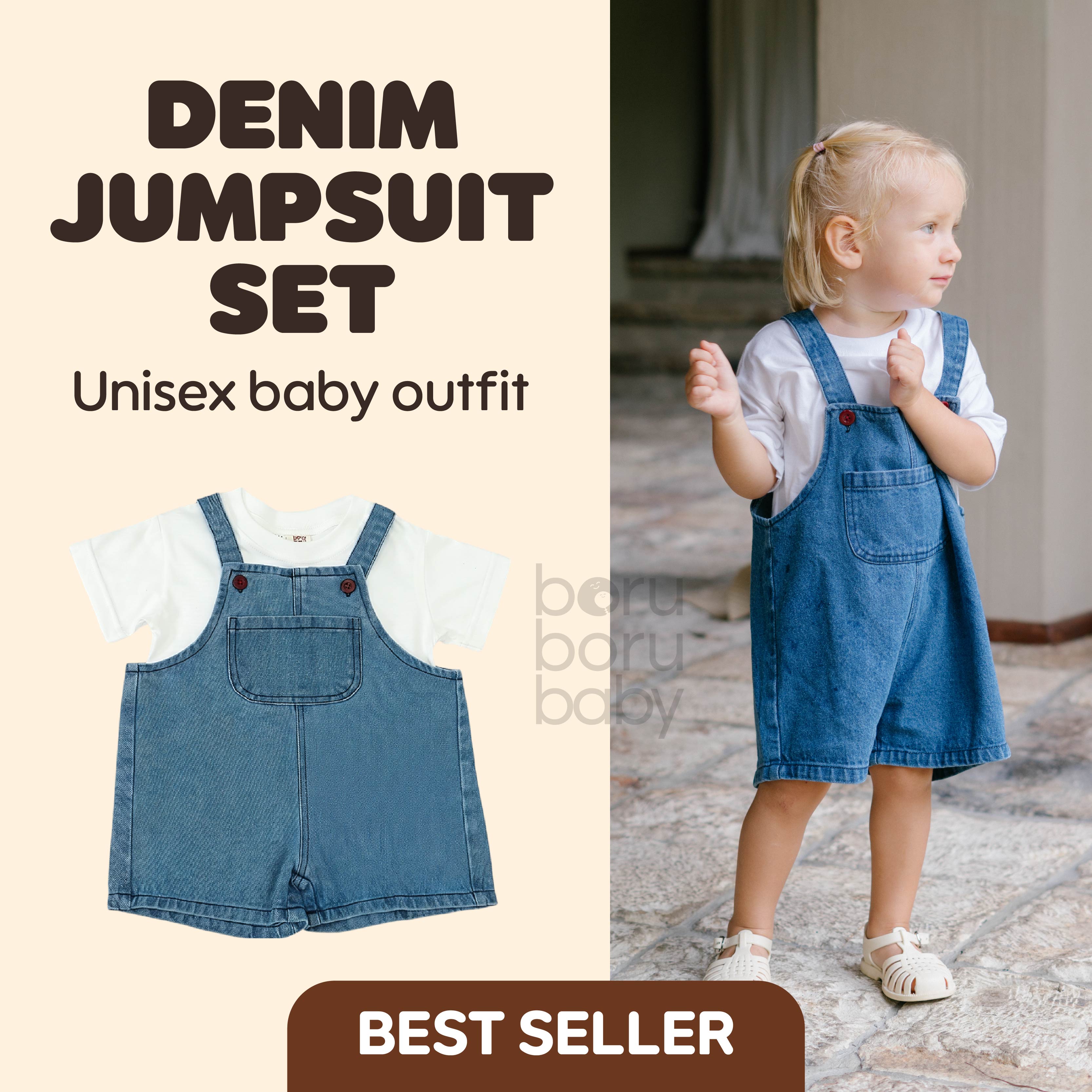 Baby Denim Jumpsuit Set - Kaos Denim Jumpsuit Bayi - Basic Tshirt Rompi Jeans