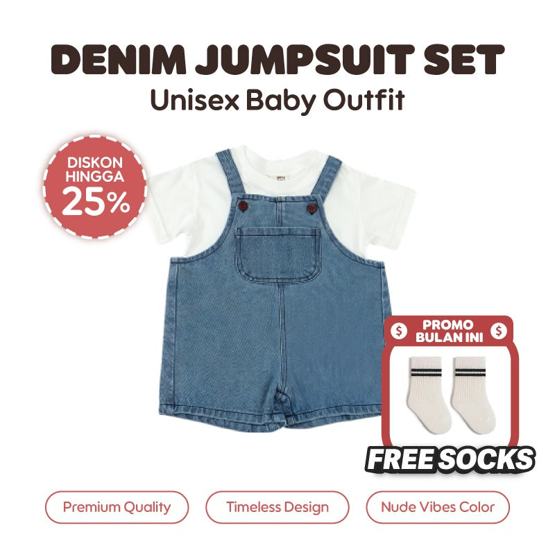 Baby Denim Jumpsuit Set - Kaos Denim Jumpsuit Bayi - Basic Tshirt Rompi Jeans